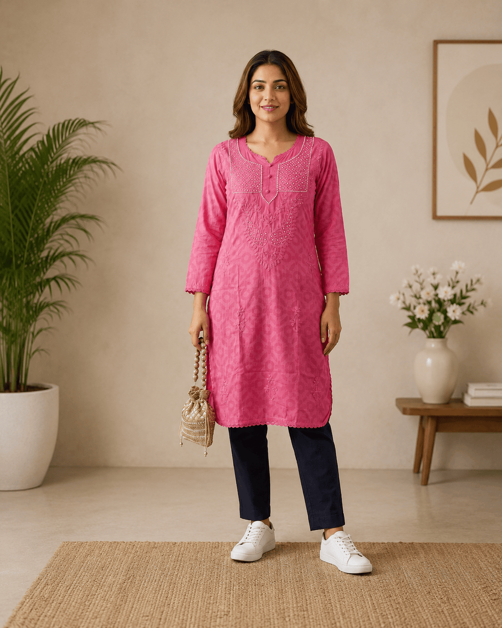 Rahat | Chikankari Jacquard Cotton Long Kurti
