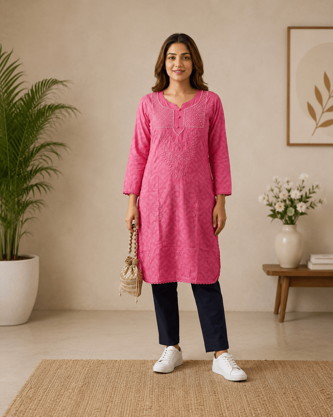Rahat | Chikankari Jacquard Cotton Long Kurti