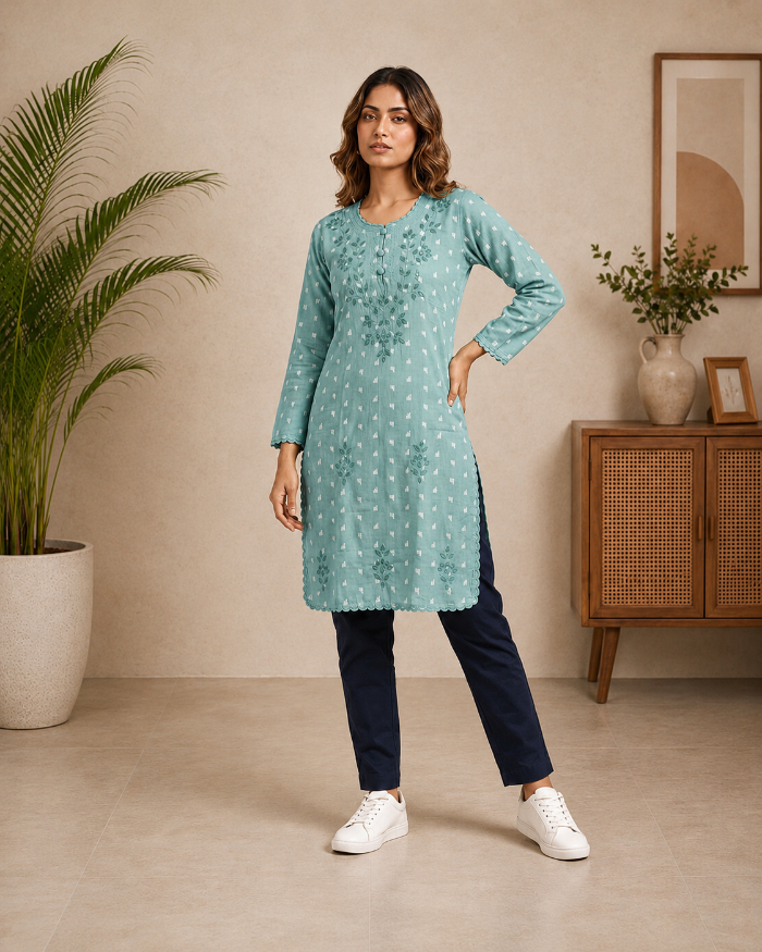 Kainaat | Chikankari Applique Cotton Long Kurti