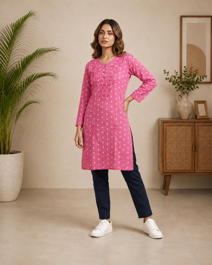 Kainaat | Chikankari Applique Cotton Long Kurti