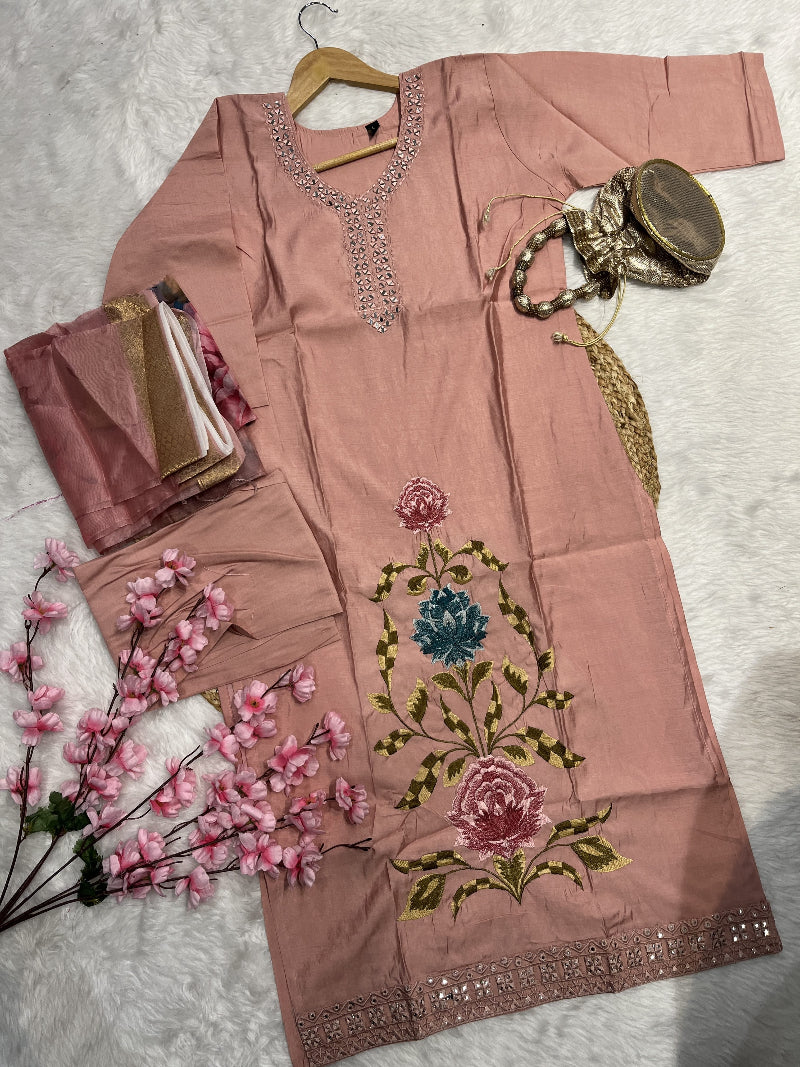 Celara | Chanderi Kurta Pant Dupatta Set