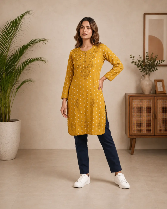 Kainaat | Chikankari Applique Cotton Long Kurti