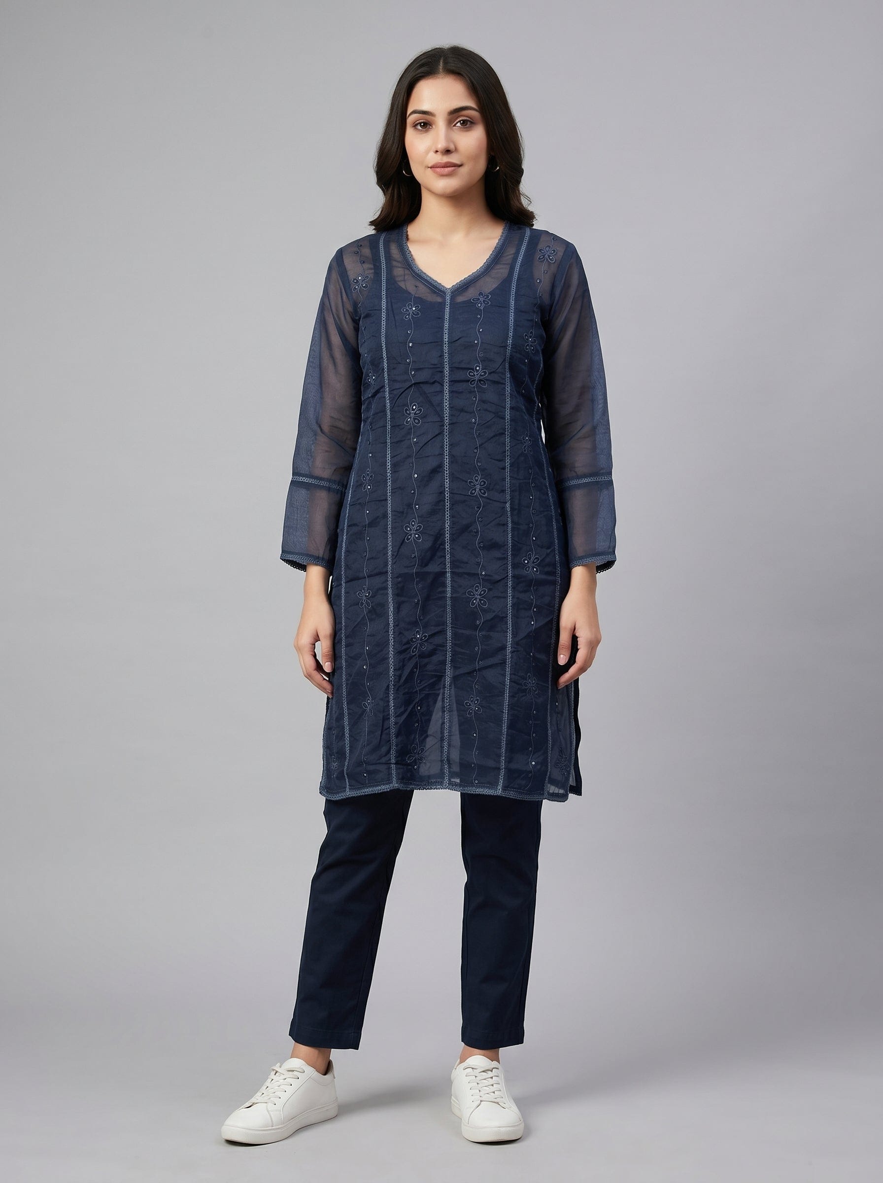 Kaizan | Chikankari Organza Plus Size Long Kurti