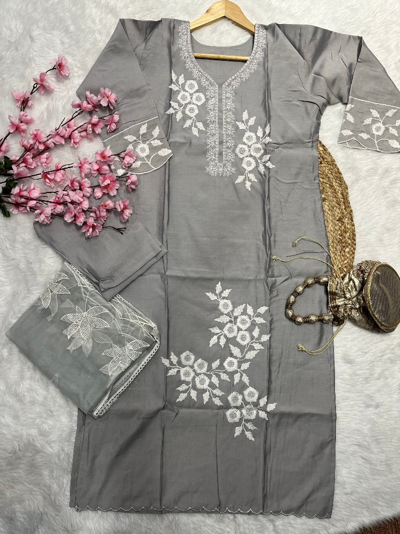 Elvara | Chanderi Kurta Pant Dupatta Set