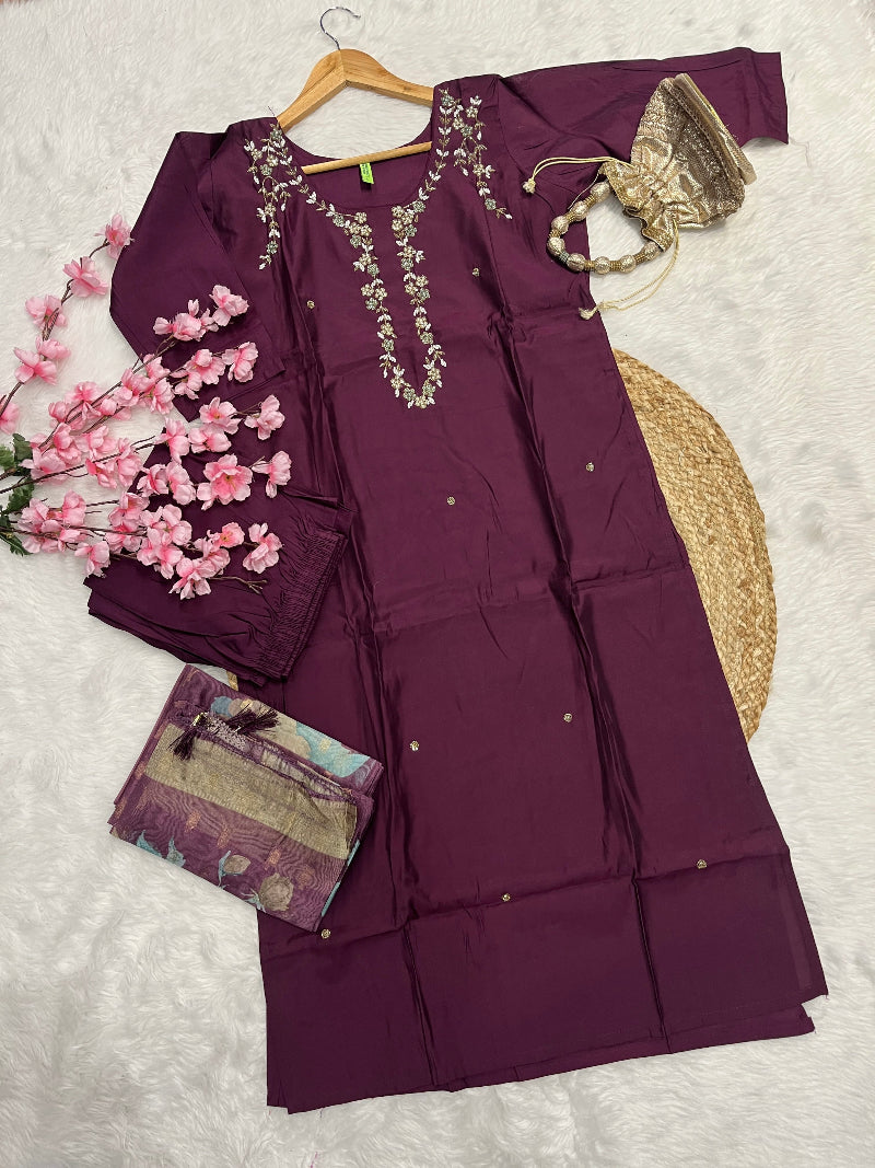 Muskan | Chanderi kurta pant dupatta Set