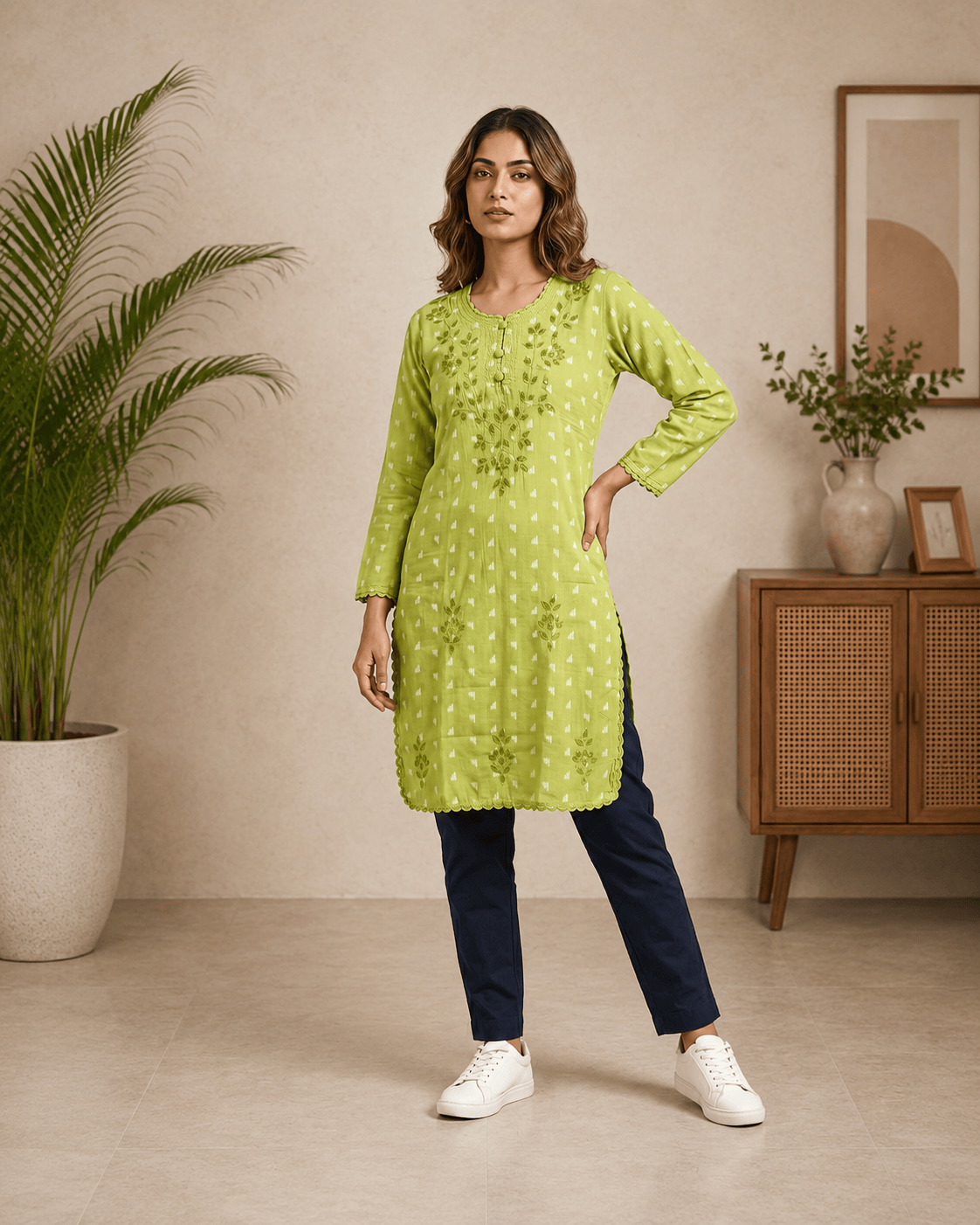 Kainaat | Chikankari Applique Cotton Long Kurti