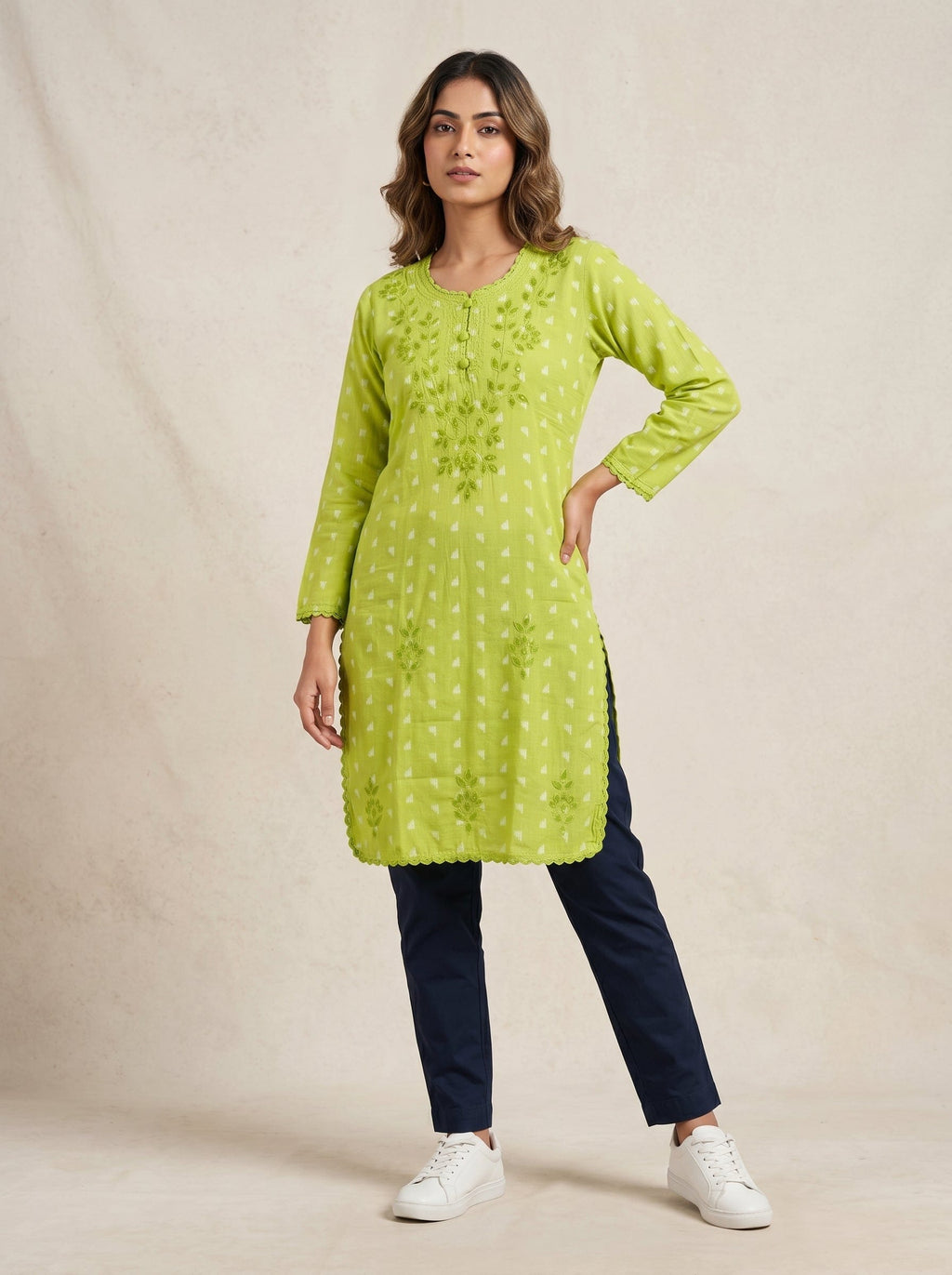 Kainaat | Chikankari Applique Cotton Long Kurti