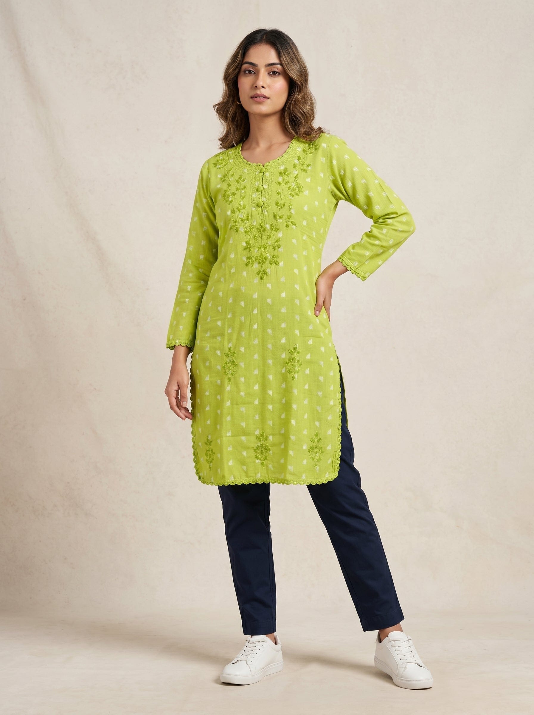 Kainaat | Chikankari Applique Cotton Long Kurti