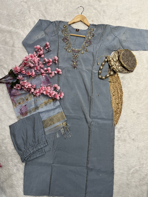 Nevina | Chanderi Kurta Pant Dupatta Set