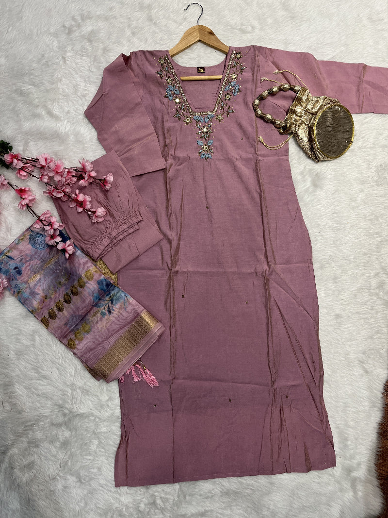 Nevina | Chanderi Kurta Pant Dupatta Set