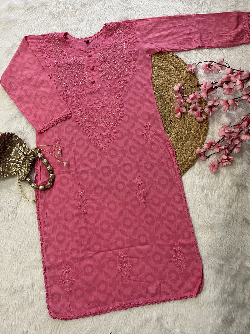 Rahat | Chikankari Jacquard Cotton Long Kurti