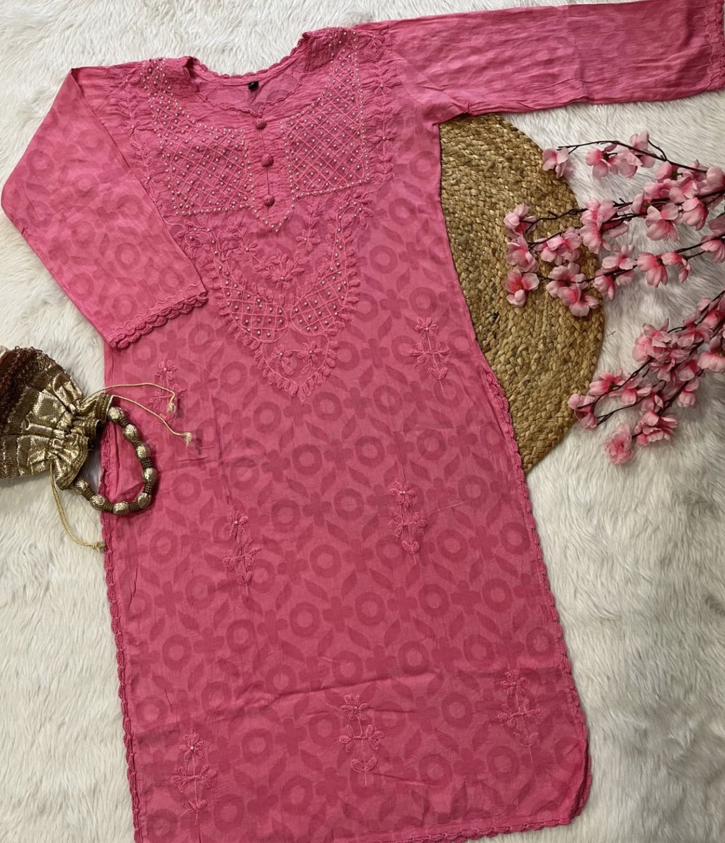 Rahat | Chikankari Jacquard Cotton Long Kurti