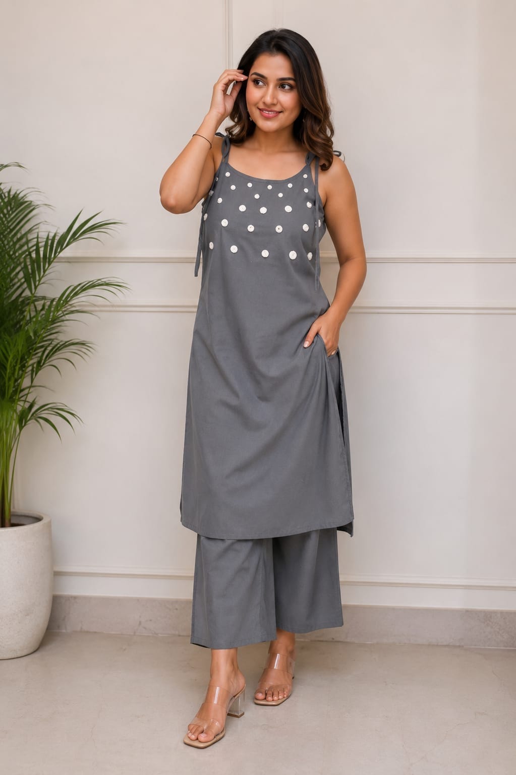 Nuvara | Chanderi Noodle Strap Kurta Pant Set